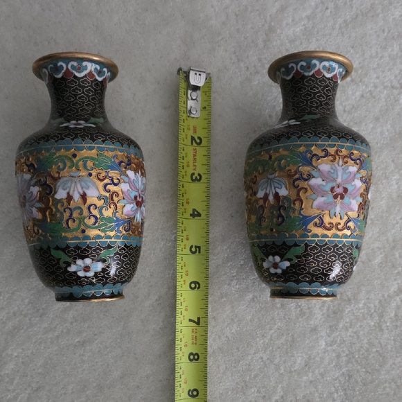 Pair of Black and Gold Floral Cloisonné Vases